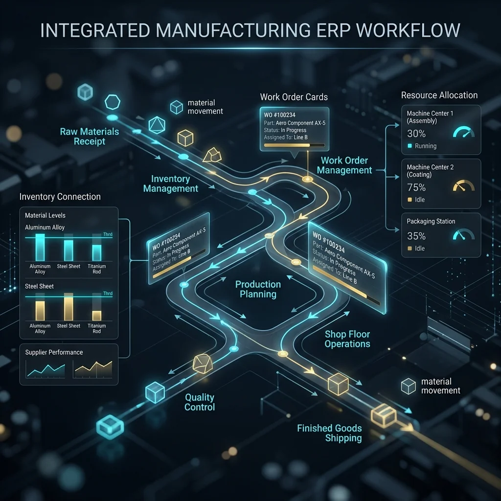 ERPNext manufacturing workflow for BOM, work orders, production planning, stock movement, costing and reporting.