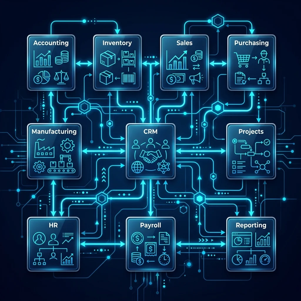 ERPNext modular architecture showing connected modules for accounting, inventory, sales, HR and manufacturing.
