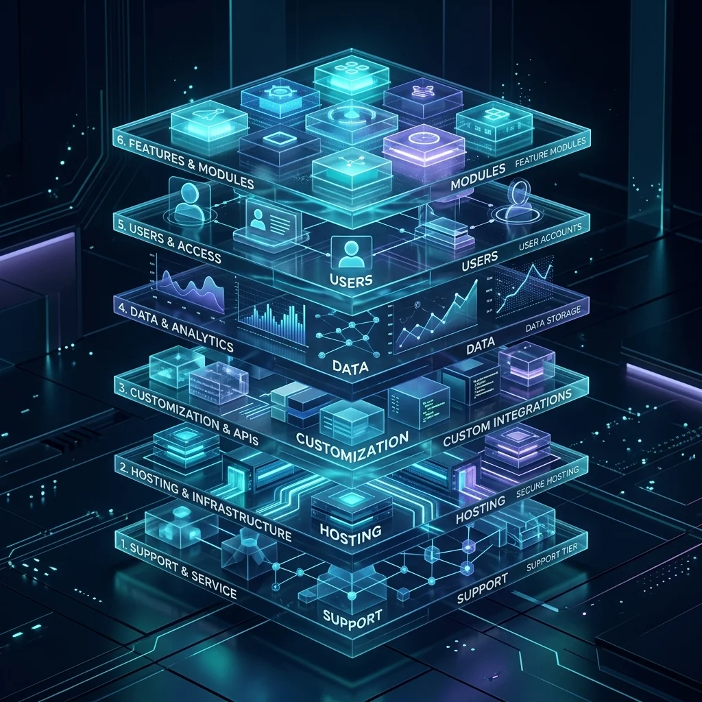 ERPNext pricing scope layers including modules, users, companies, customization, migration, hosting, training and support.