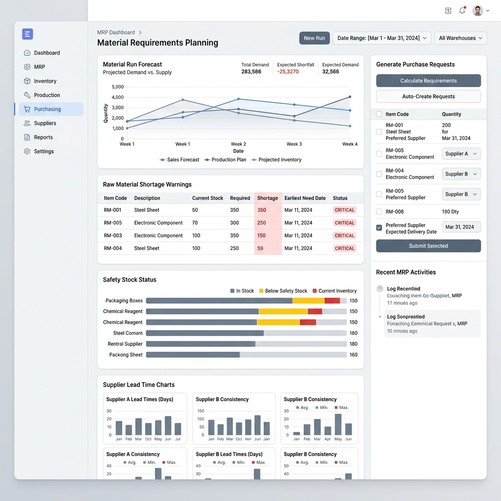 ERPNext Material Requirements Planning (MRP) Run UI Screenshot