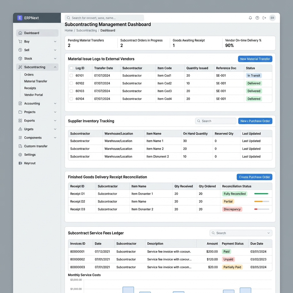 ERPNext Subcontracting & vendor reconciliation UI Screenshot
