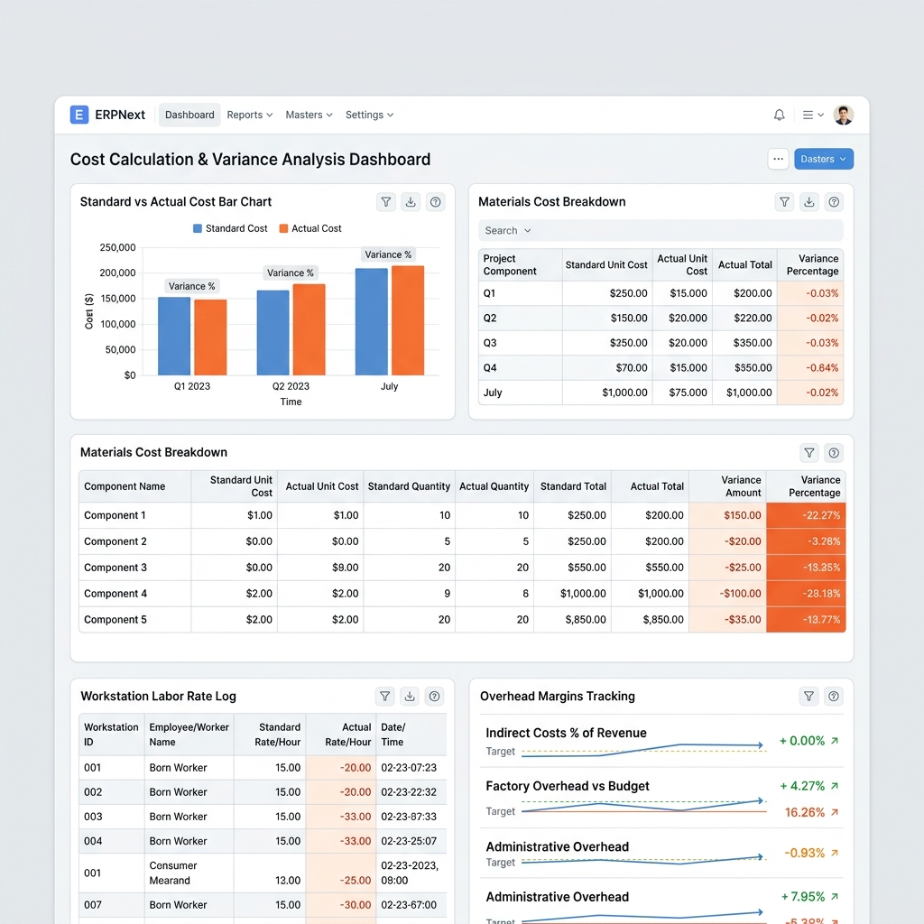 ERPNext standard vs actual production variance analytics UI Screenshot